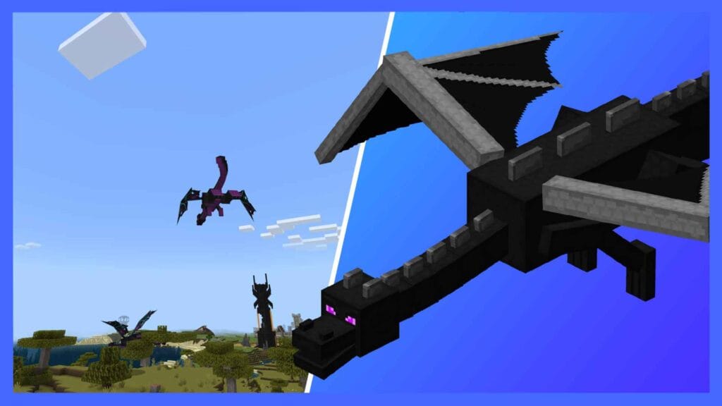 The Ender Dragon boss flying above my Sauron tower I built.