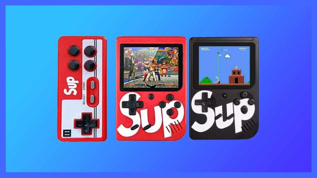 Sup Game Box in white and black, with a red controller