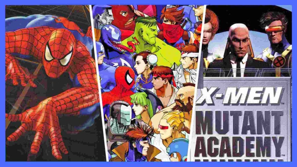 Image showing the cover art of Spider-Man, Marvel vs Capcom, and X-Men Mutant Academy.