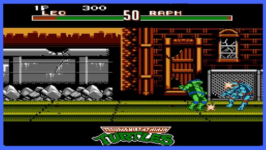 Leonardo getting hit by Raphael in the NES version of TMNT Tournament fighters.