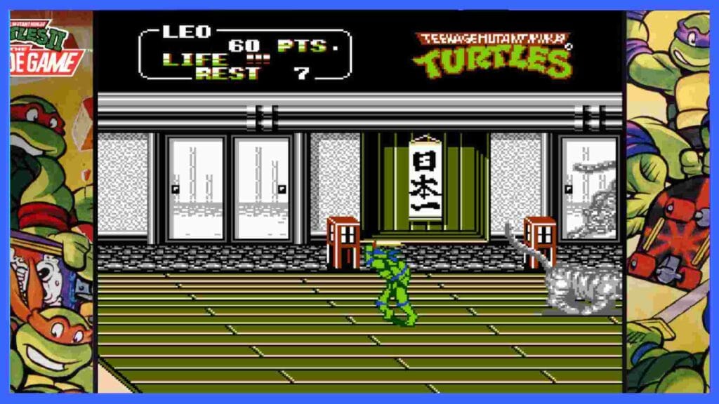 TMNT game with Leonardo in the center and TMNT-themed boarders around the outside.