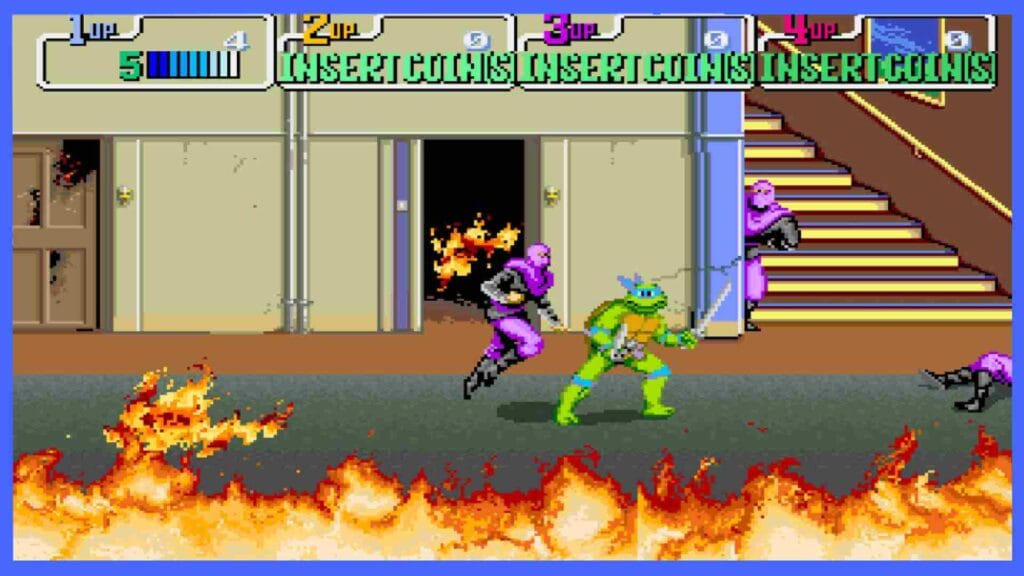 Leo in a burning building from TMNT The Arcade Game surrounded by purple foot soldiers. 