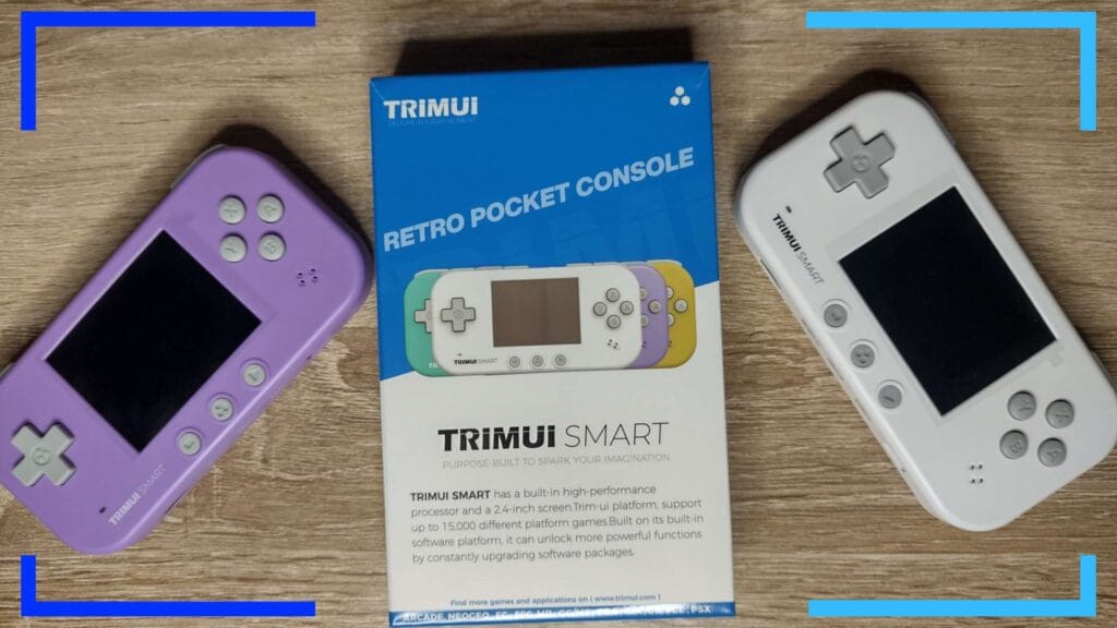 Image showing the TRIMUI Smart box and purple and white consoles we recieved.