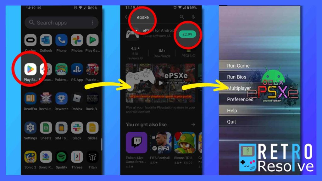 Image explaining how to access ePSXe on the Google Play Store.