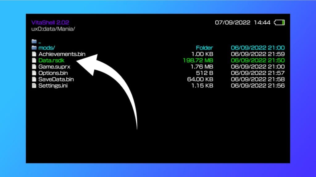 Image showing where the data file file should go in VitaShell.