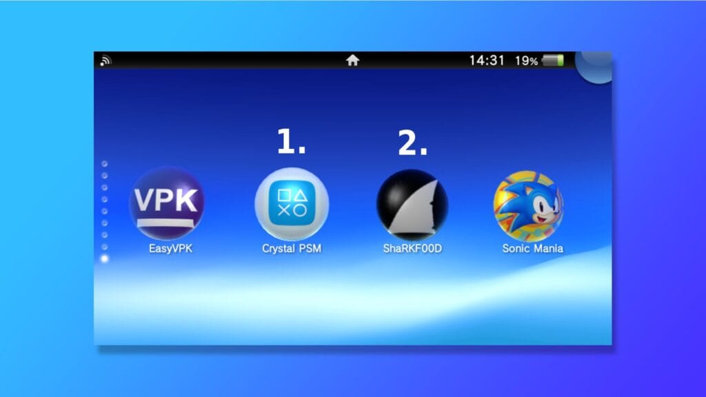 Image showing from left to right, VitaShell, Crystal PSM, Sharkfood, and Sonic Mania. Crystal PSM has a 1 above and Sharkfood a 2. These numbers represent the order they should be installed.