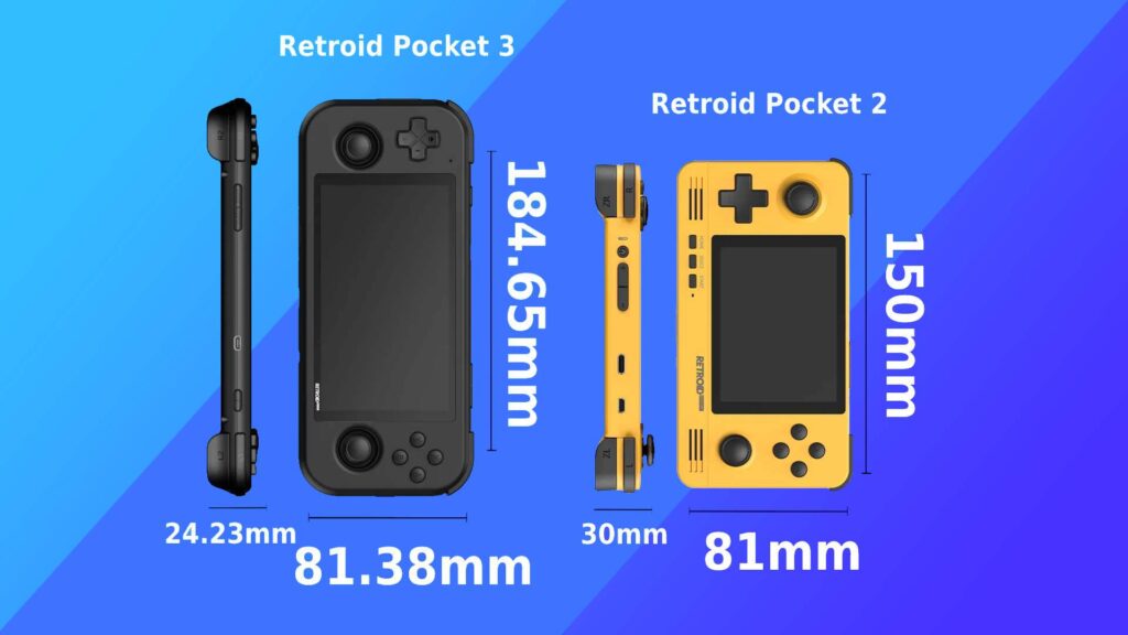 Retroid Pocket 2 and Retroid Pocket 3 size comparison showing the Retroid Pocket 3 as larger