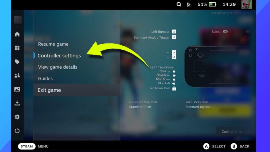 Image showing where the controller layout section is on Steam Deck.