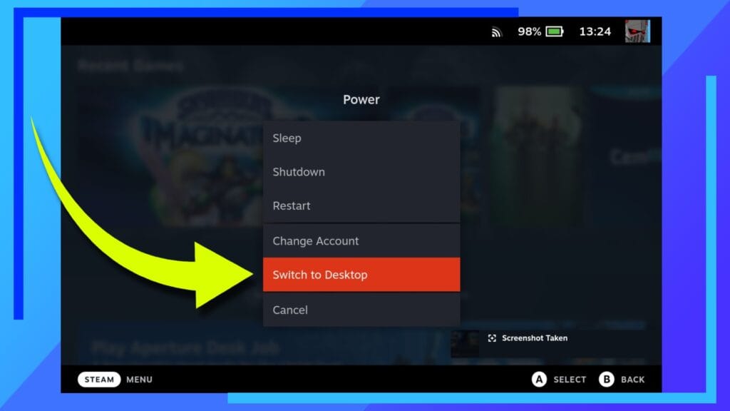 Image showing the location of "desktop mode" on the Steam Deck.