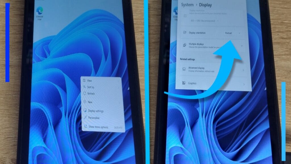 Two images. The left shows the desktop the wrong way round. The second shows how to rotate it.