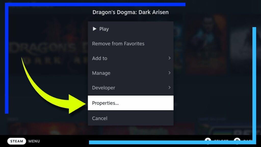 Image showing the Steam Deck UI and a yellow arrow pointing to properties.