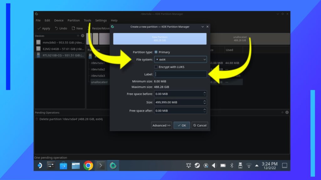 Arrows pointing to the location of File System and Label in KDE.