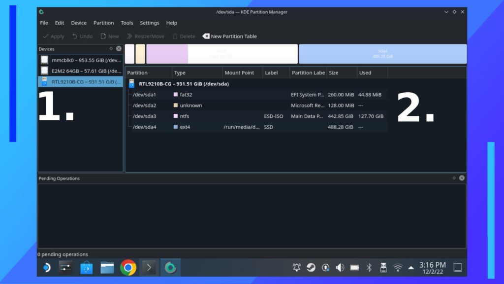 KDE Partition Manager with numbers to explain the different parts