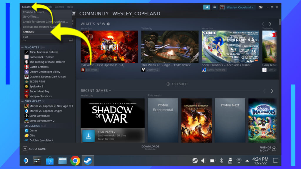 Yellow arrows showing where to click Steam and Settings.