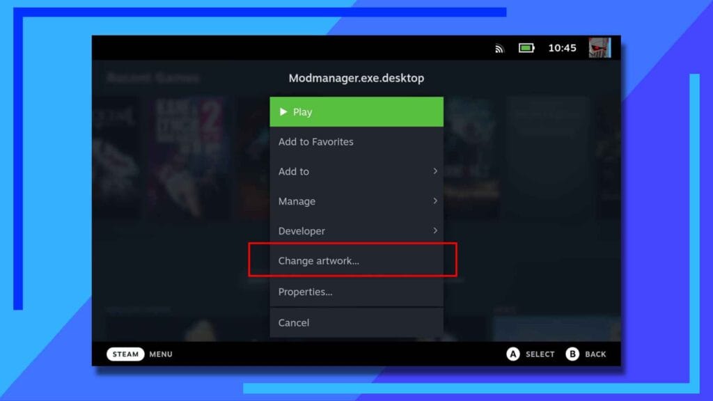 Red box showing how to change game artwork on Steam Deck