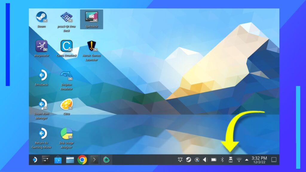 Arrow pointing to the System Tray thumb drive icon on the Steam Deck.