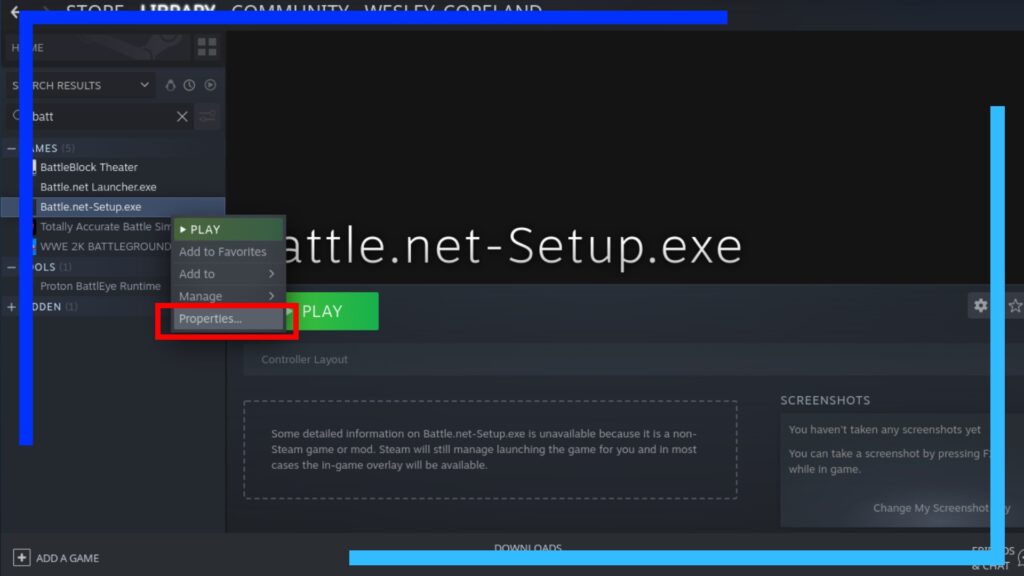 Screenshot explaining where to click to add Battle.net to the Steam Deck.