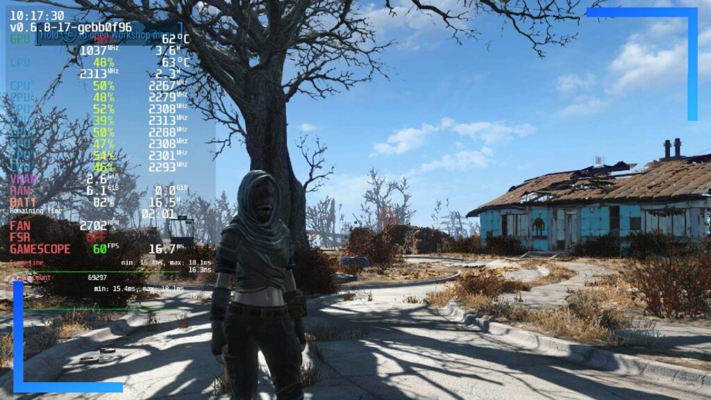 Fallout 4 player character in Sanctuary with the Steam Deck performance overlay turned on.