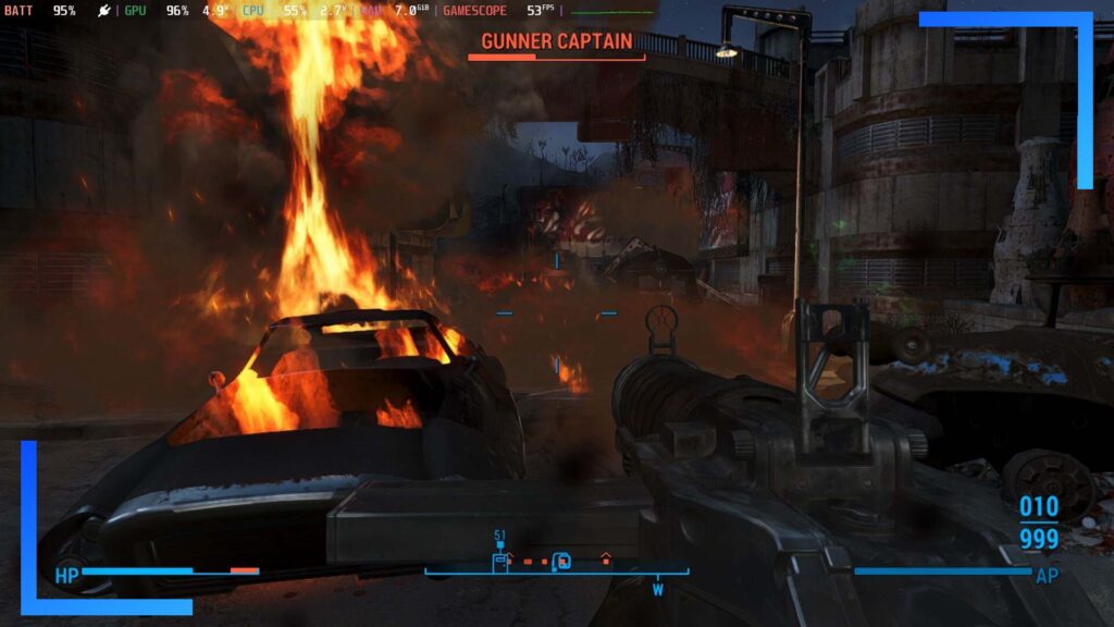 An explosion in Fallout 4 with the performance overlay turned on.