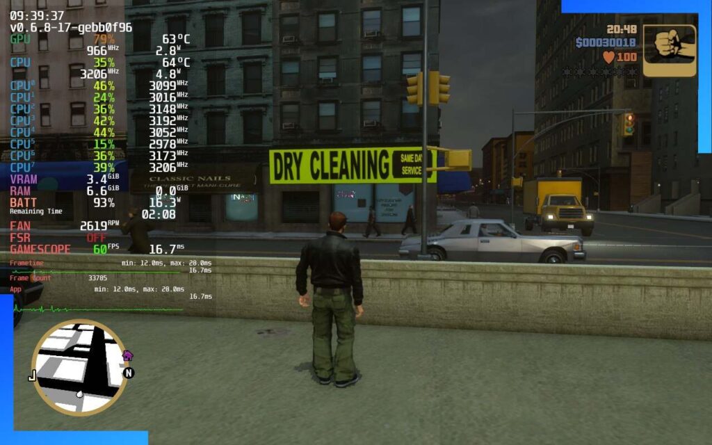 GTA 3 running on Steam Deck via GTA: The Trilogy.