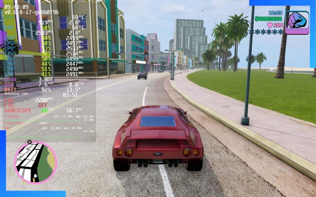 GTA Vice City running on Steam Deck, with the performance overlay turned on, via GTA: The Trilogy.