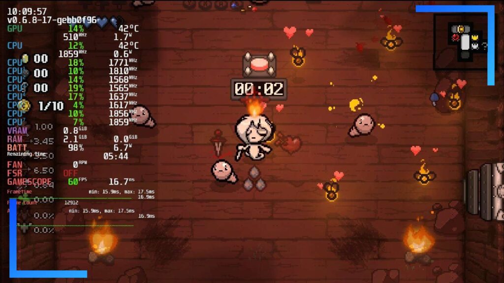 Screenshot showing the Steam Deck overlay on the left, with the Binding of Isaac running in the background. 