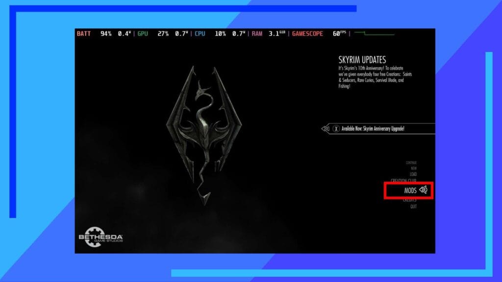 Skyrim's main in-game menu with a red box highlighting the mods section.