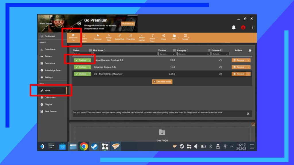 Screenshot of Vortex showing how to install Fallout New Vegas mods on Steam Deck.