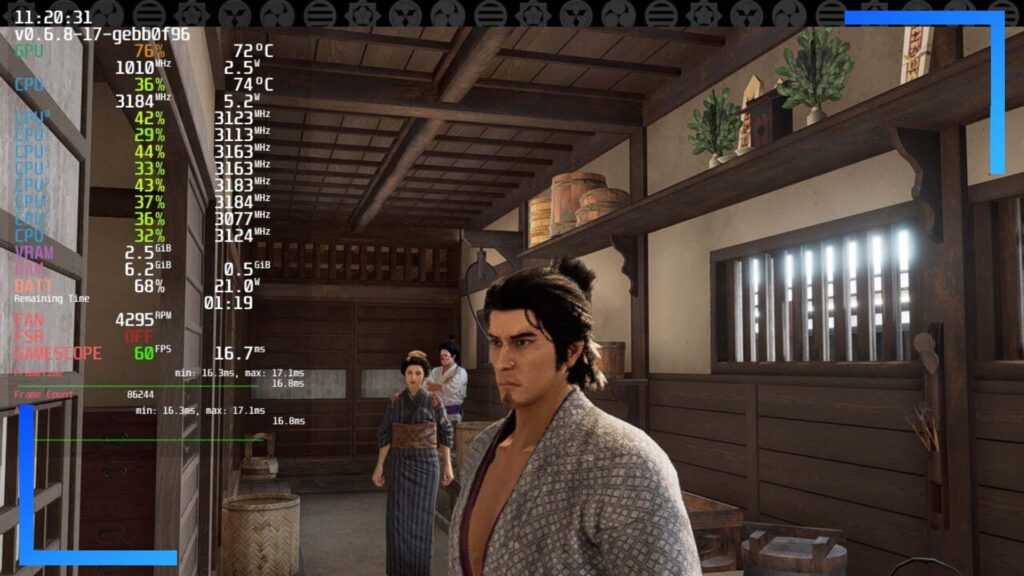 Screenshot taken from Like a Dragon Ishin on Steam Deck with the overlay turned on showing how well the game performs. 