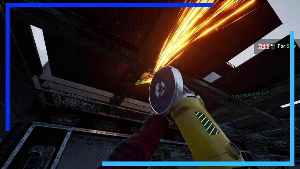 A person suing a cutting saw in Ship Graveyard Simulator 2.