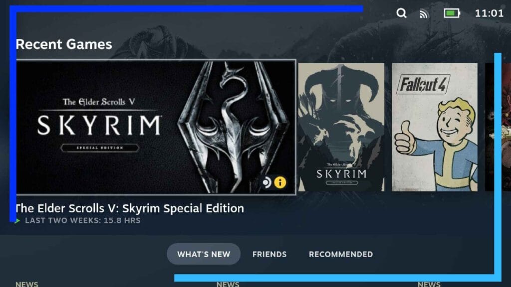 Screenshot of the Steam Deck home sceen with Skyrim Special Editon and the Skyrim launcher installed alongside each other. 