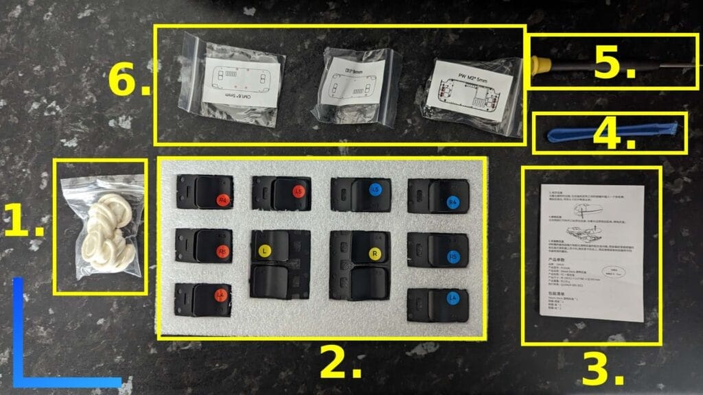 Photo of the JSAUX backplate pack with numbers to describe each section.