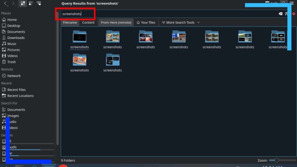 Screenshot of Dolphin File Explorer with a red rectangle showing where to click to enter the search term 'screenshots'.