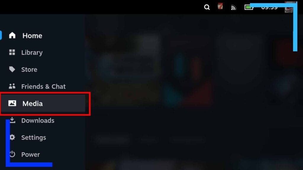 Screenshot of the screenshot upload process on Steam Deck showing the left menu with a red box above media.