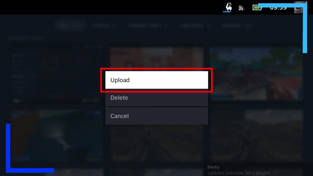 Screenshot of the screenshot upload process on Steam Deck, with a red box above the upload button.