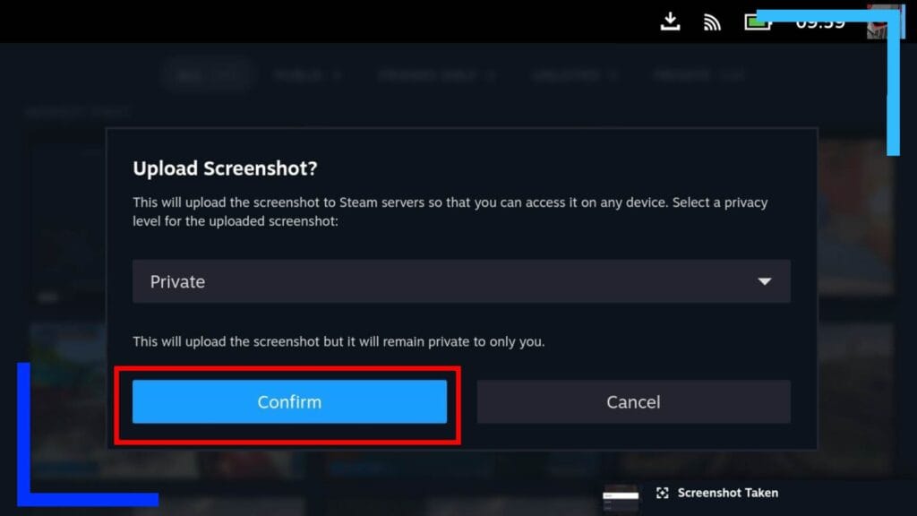 Screenshot of the screenshot upload process on Steam Deck, with a red box above the confirm button.