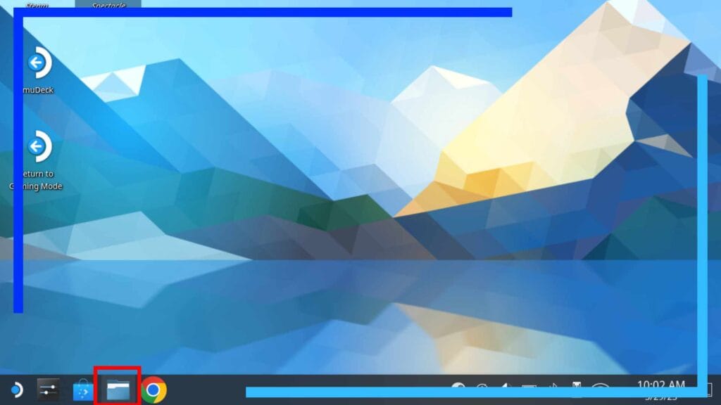 Screenshot of the Steam Deck's desktop mode with a red box over the Dolphin File Explorer