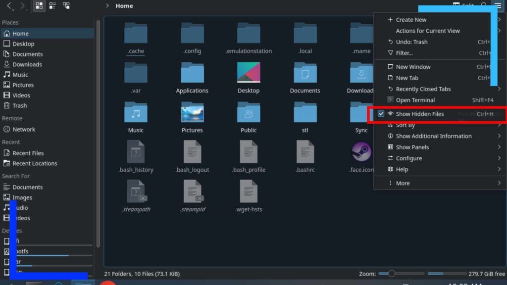 Screenshot of Dolphin File Explorer with a red rectangle over where the show hidden files button is.