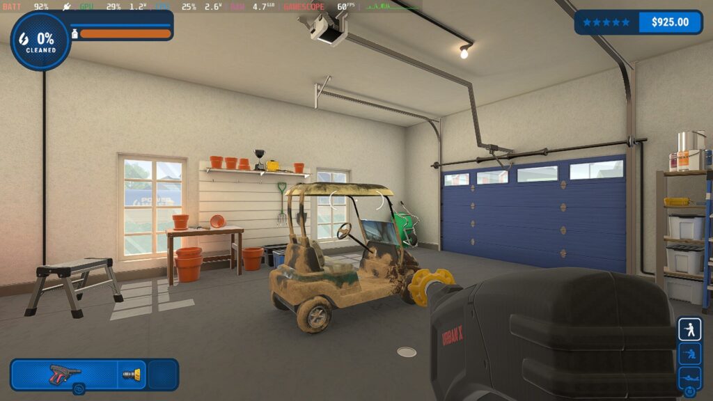 Screenshot from PowerWash Simulator showing a mostly clean golf cart.