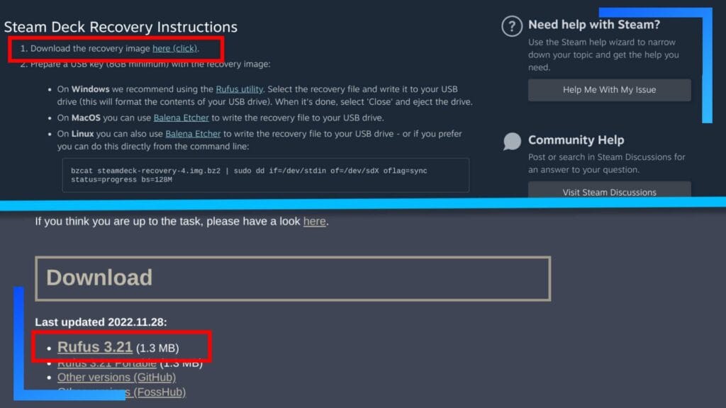 Screenshot of the Steam Deck and Rufus website with red boxes showing where the download button is.