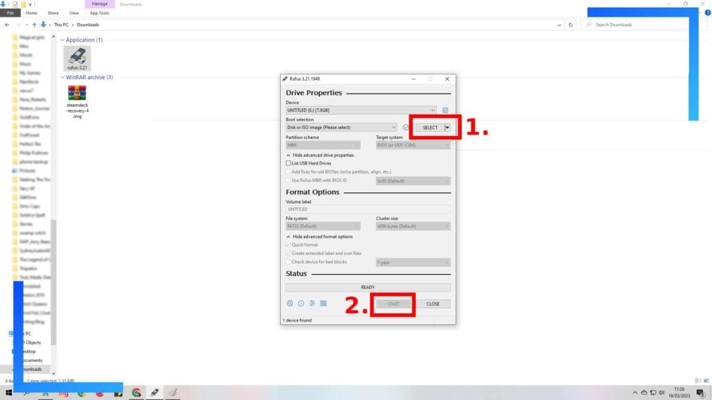 Screenshot from Windows of Rufus, with red boxes and red numbers showing the order to do things in.