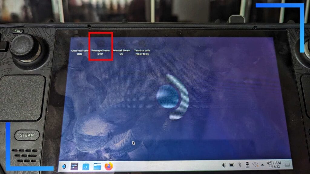 Close-up photo of the Steam Deck in the Linux desktop with a red box around the reimage option.