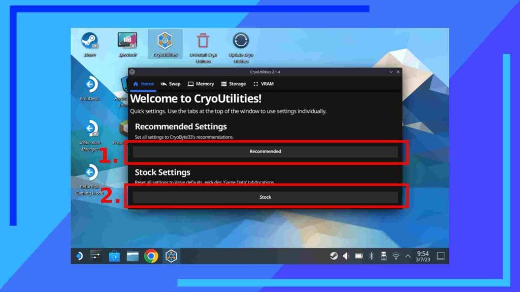Screenshot of CryoUtilities on Steam Deck with red boxes and numbers to denote where to click.