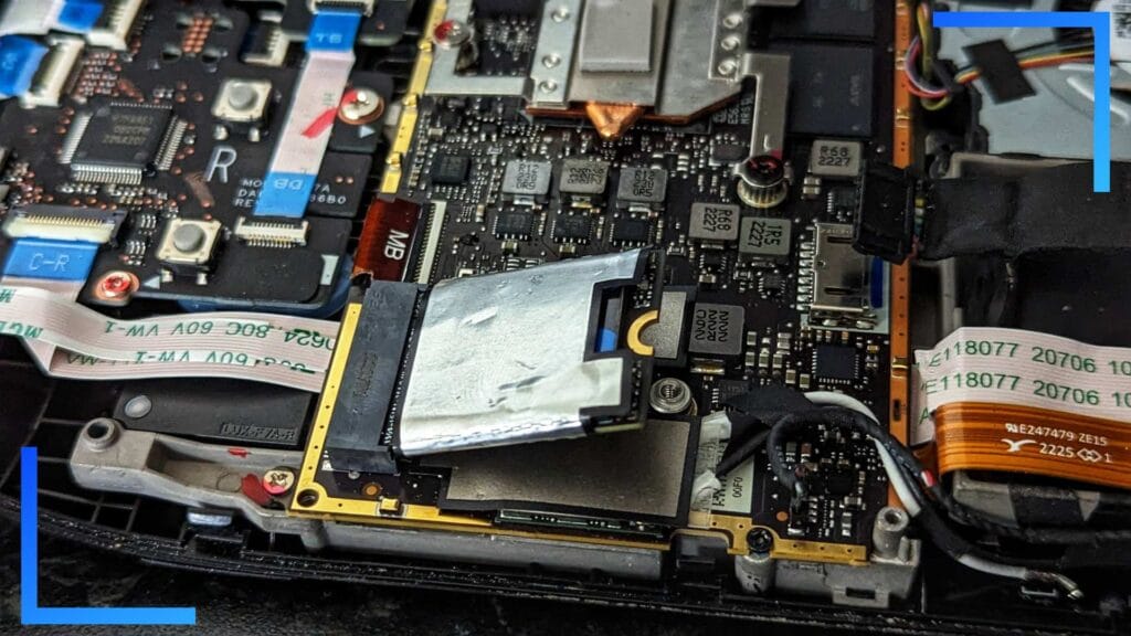 Close-up photo of the new SSD in place in an upright position. 