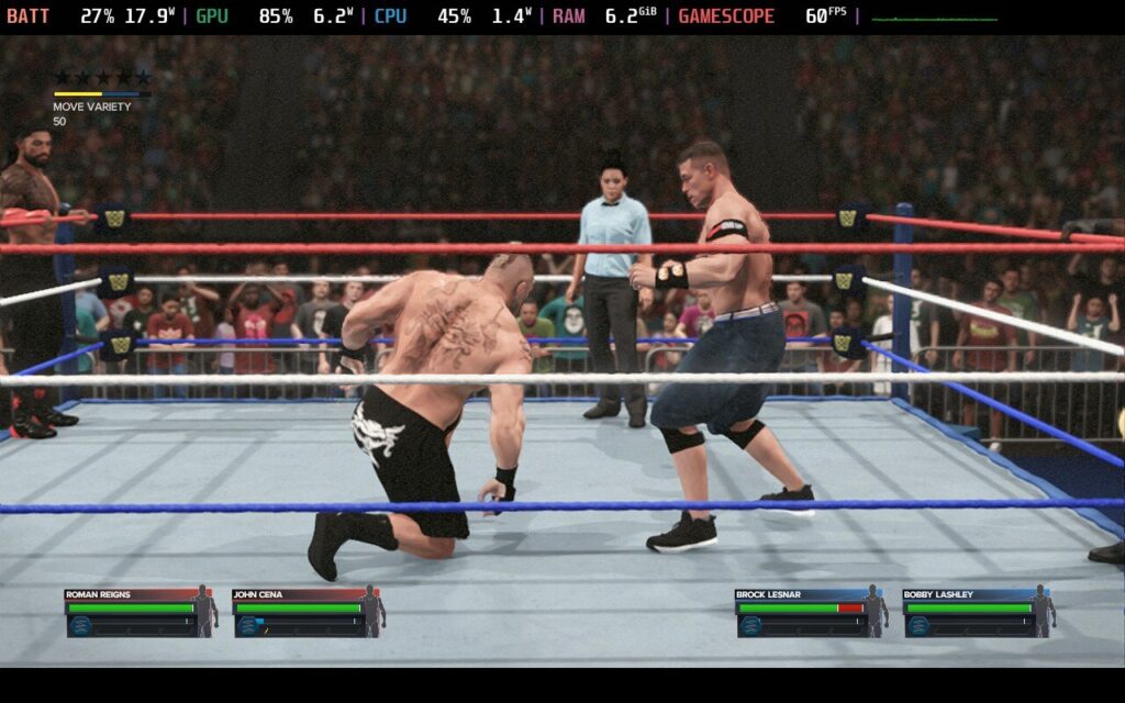 Screenshot from WWE 2k23 showing John Cena about to attack Brock Lesnar.