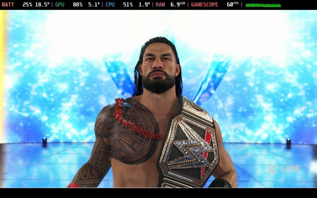 Screenshot from WWE 2k23 showing Roman Reigns during his entrance.