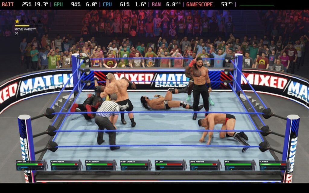 Screenshot from WWE 2k23 on Steam Deck showing an eight-man tag match with all the wrestlers in the ring.