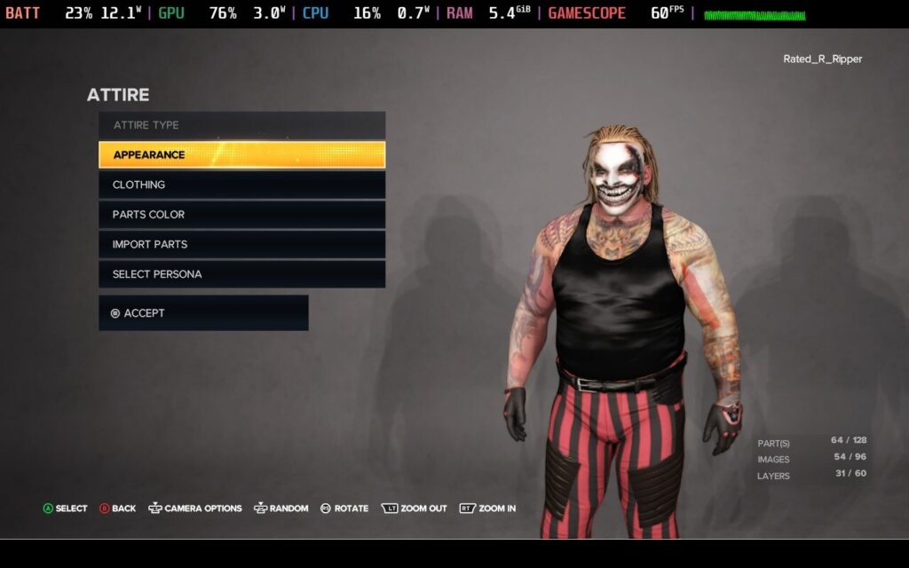 Screenshot from WWE 2k23 on Steam Deck showing the character creation utility where I downloaded a Bray Wyatt/The Fiend custom wrestler.