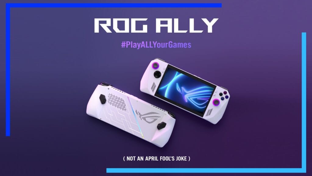 ASUS promo shot of the ASUS ROG Ally. Two consoles sit on a purple gradient showing the front and back of each console. 