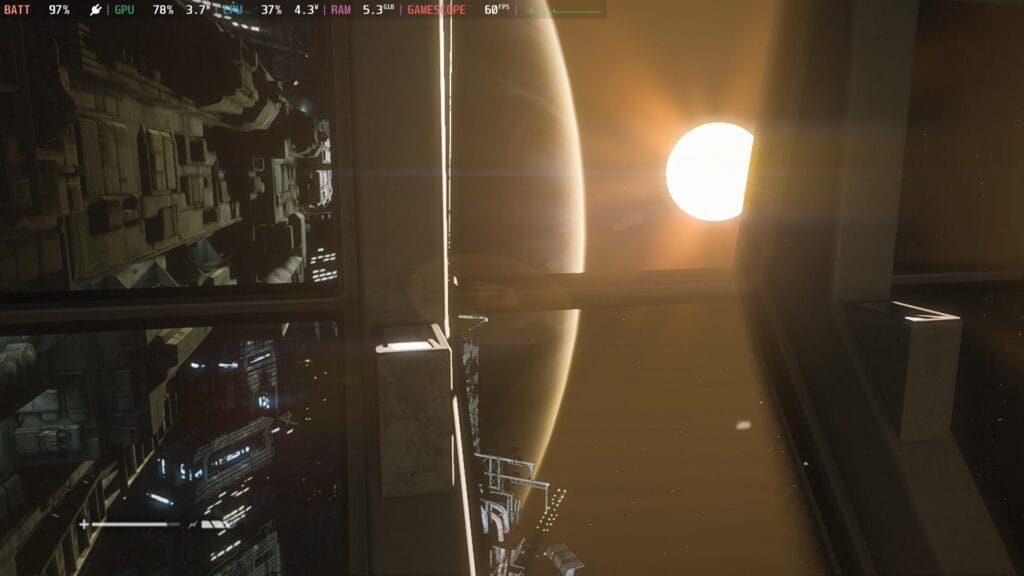 Screenshot from Alien Isolation showing a space station (left) with a planet in the background. The sun beams brightly through the center of the shot.